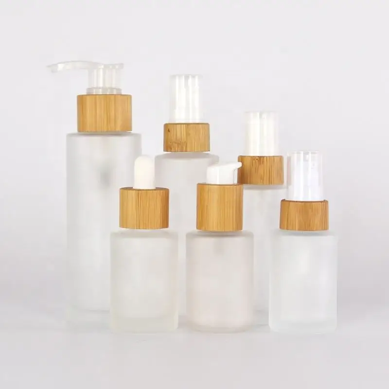 Orgontic New Developed Frosted Wooden Bamboo Cap Round Transparent 10ml 30ml 50ml Glass Bottle With Lotion Pump