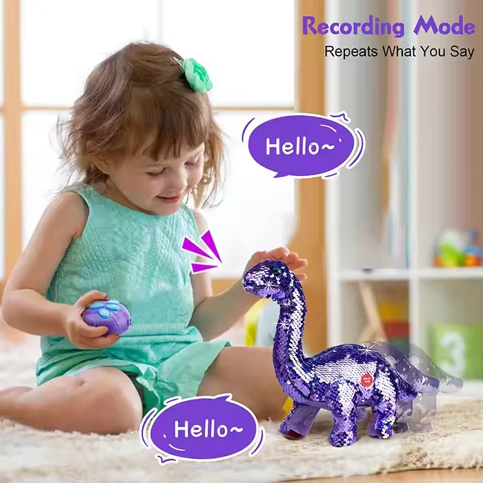 Sequin Dinosaur Plush Toy Walk Repeat Roar Sing Two Color Change RC Animal Toys Birthday Gifts For Girls