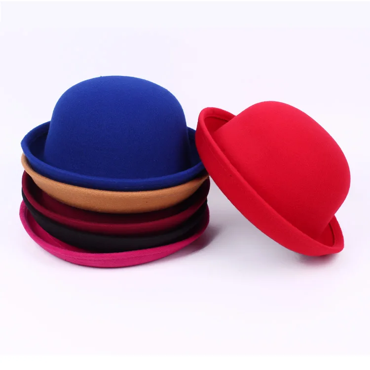  Autumn Winter Trendy Derby Fedora Bucket Hat Classic Wool Dome Round Bowler Hats with Roll-up Brim for Youth