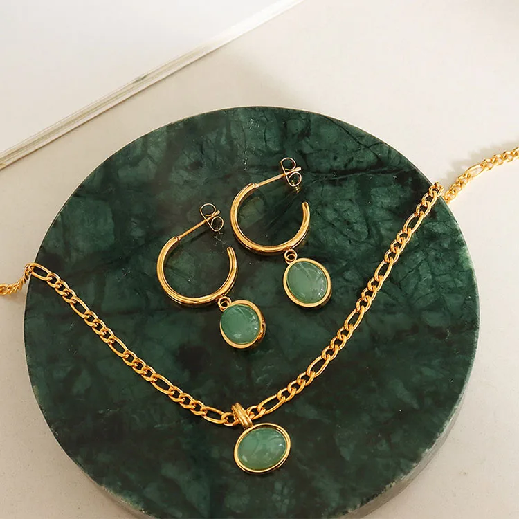 Custom Wholesale Waterproof Women 18K Gold Plated Stainless Steel Luxury Jade Jewelry Set Link Chain Necklace Cuff Earrings