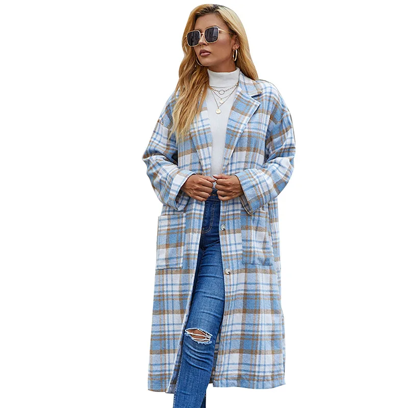 Autumn Casual Blue White Grid Long Sleeve Cardigan Dust Coats Women Fashion Streetwear Woollen Jackets For Ladies