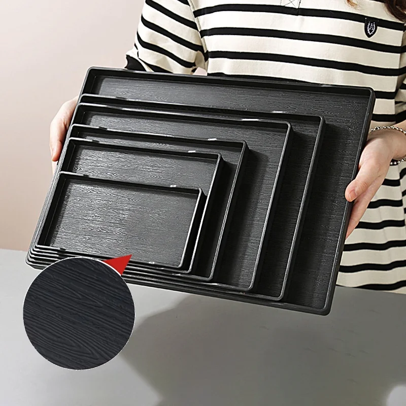 Black Square Realistic Wood Grain Kitchen Table Candle Holder Coffee Table Snack Plate Decor Butler Ottoman Plastic Serving Tray