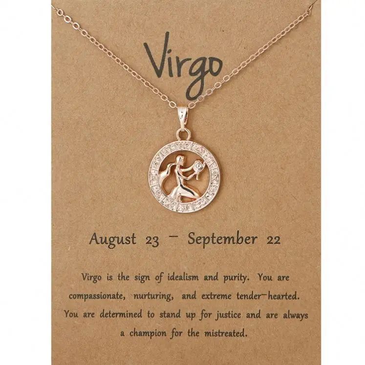 Rose Gold Plated Zodiac Necklace Chain Round 12 Horoscope with Card Pendant Zodiac Sign Jewelry For Women