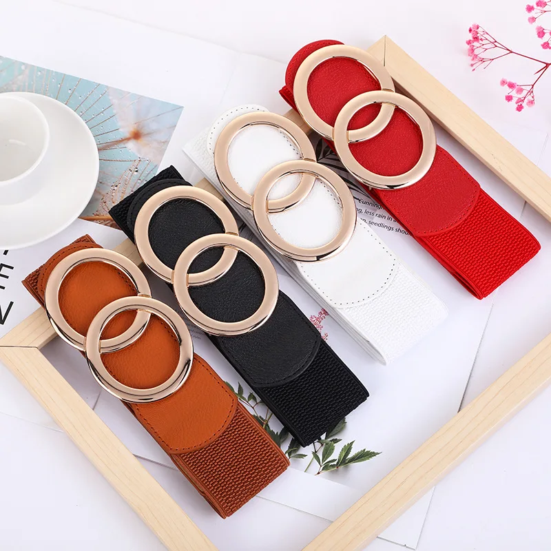 Double Circle Buckle Women Belts Waistband Elastic Ladies Fashion Stretch Dress Wide Waist Belt