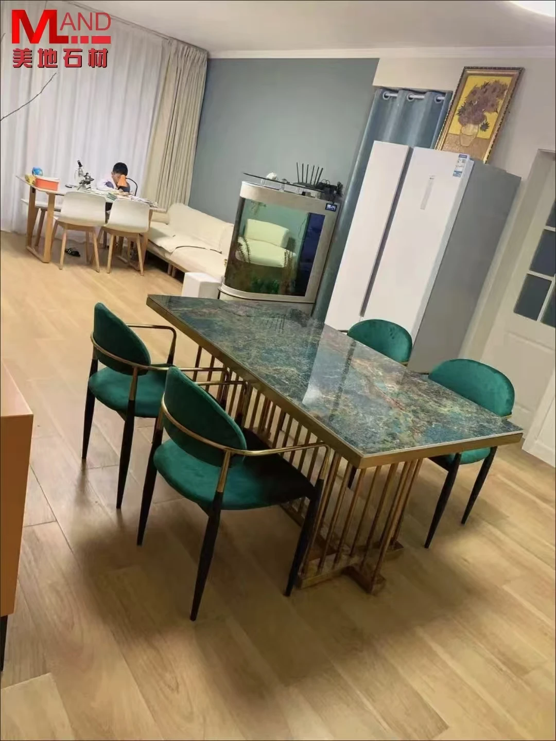 Studio direct sales natural jade green white luxury stone dining table conference table high-end marble long table