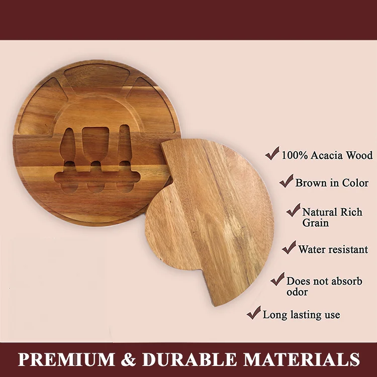 Round Cheese Tool Set Wooden Cheese Board With Cheese Knife And Bowls Server Plate