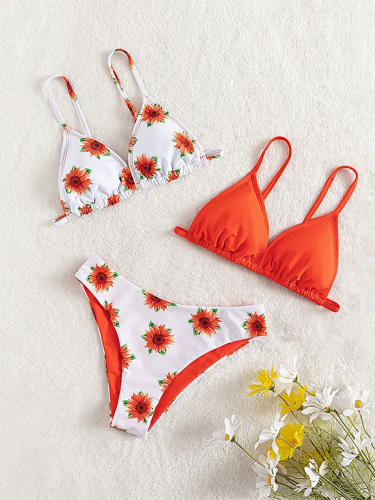 Custom Girls Swimwear 3 Piece Set Floral Print Kids Thong Micro Bikinis Swimsuit Sets