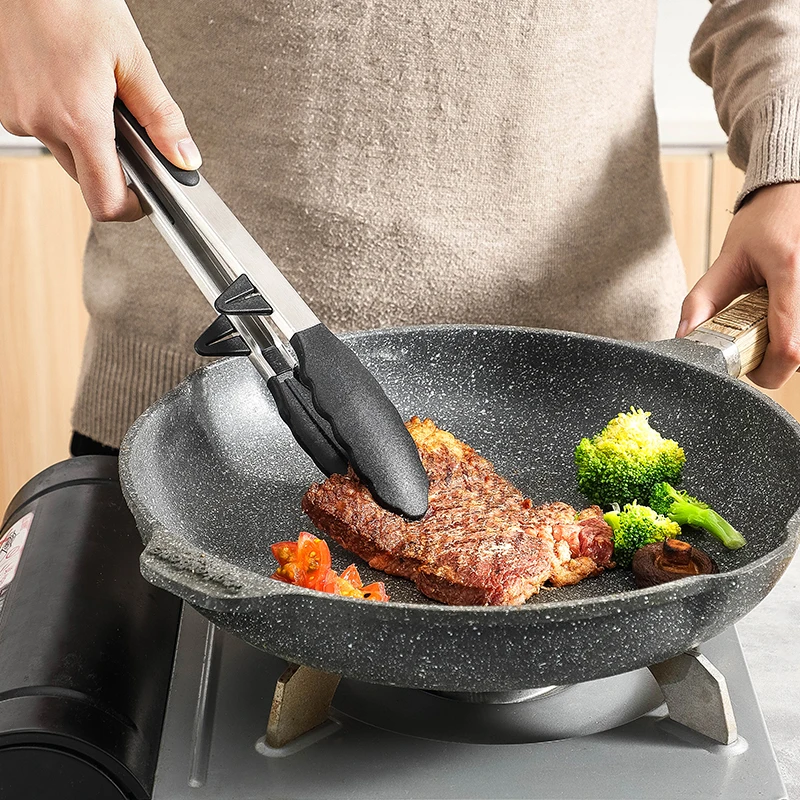 Stainless Steel Silicone Food Clip Tongs Kitchen Gadgets Salad Bread Cooking Food Serving Tongs With Stand