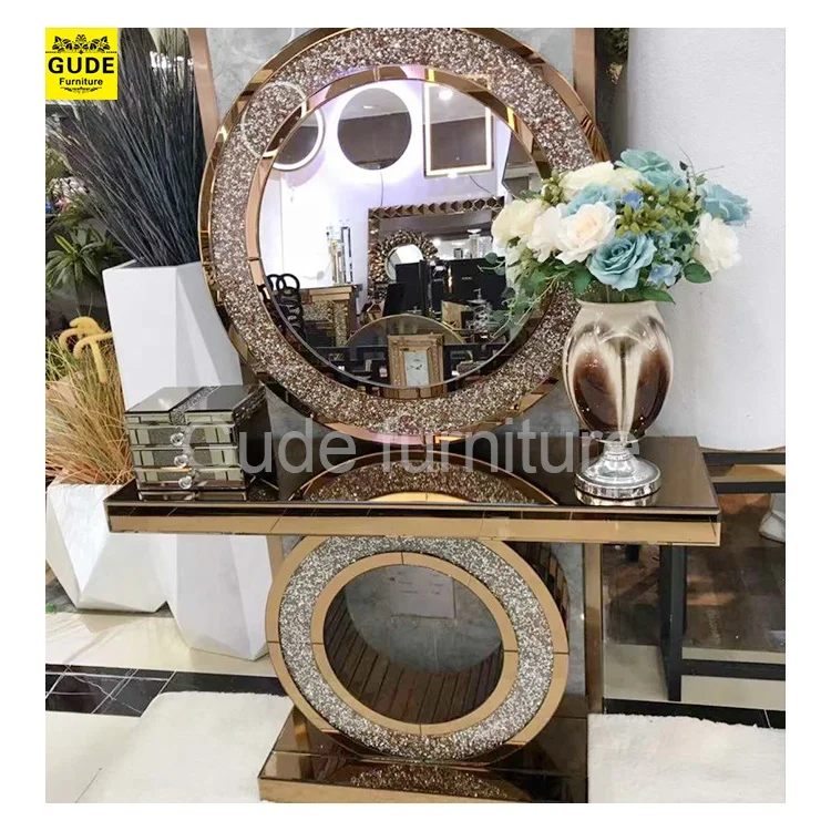Luxury Design Living Room Glass Hallway Entrance Table Mirrored Console Table With Round Mirror