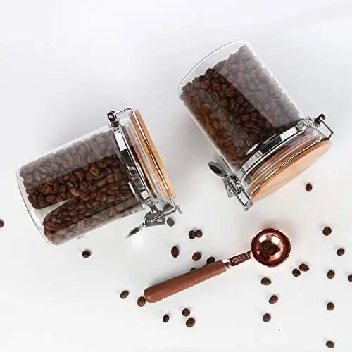 YOIOWE Home Luxury Kitchen Canisters Set 5-Piece Glass Food Storage Jars Bamboo Lids Metal Clasp Seal Steel Spice Parties