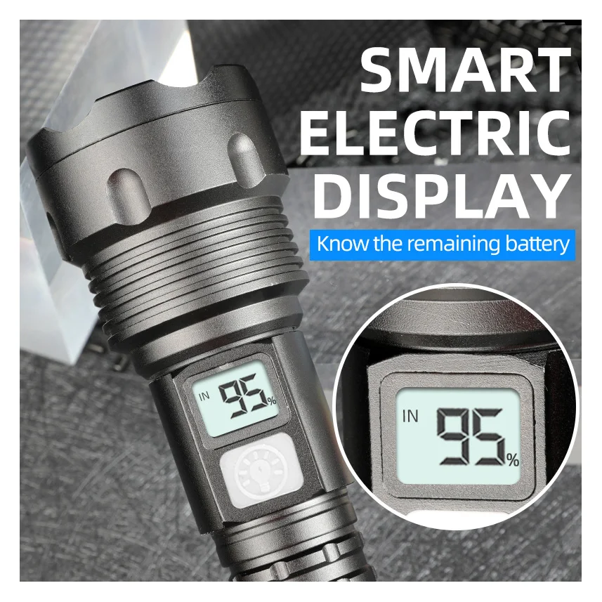 Flashlight  Zoomable Power Display USB Rechargeable Powerful Flashlight Super Bright LED Torch for Hiking