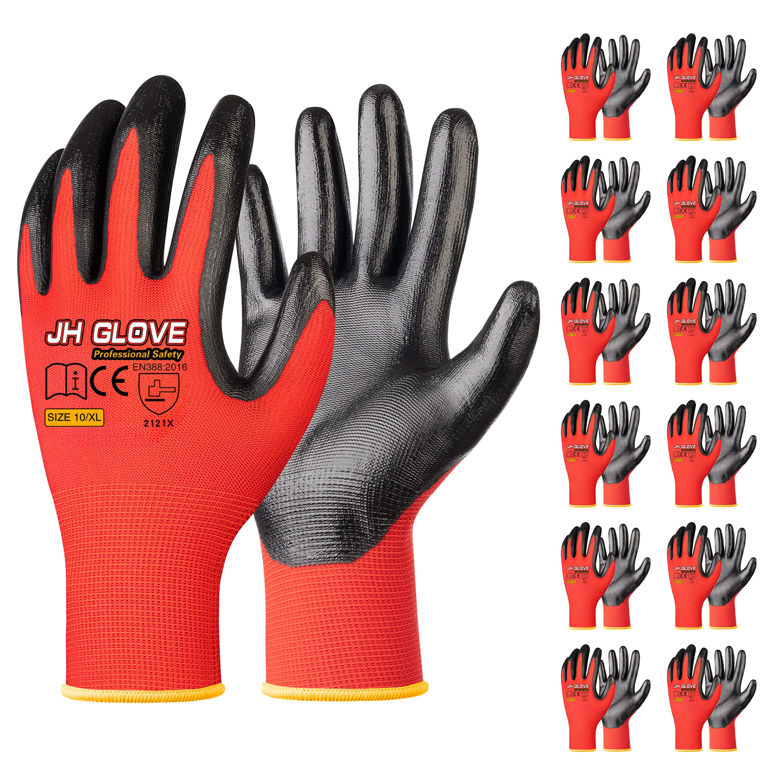 China Construction  factory wholesale red polyester nylon gloves with black Nitrile coated safety gloves en388 work gloves
