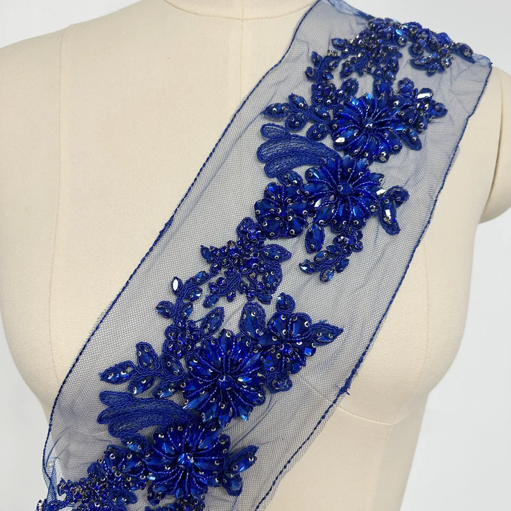 Rhinestone lace applique 3d heavy bead lace trim with pearls heavy embroidery tulle lace applique