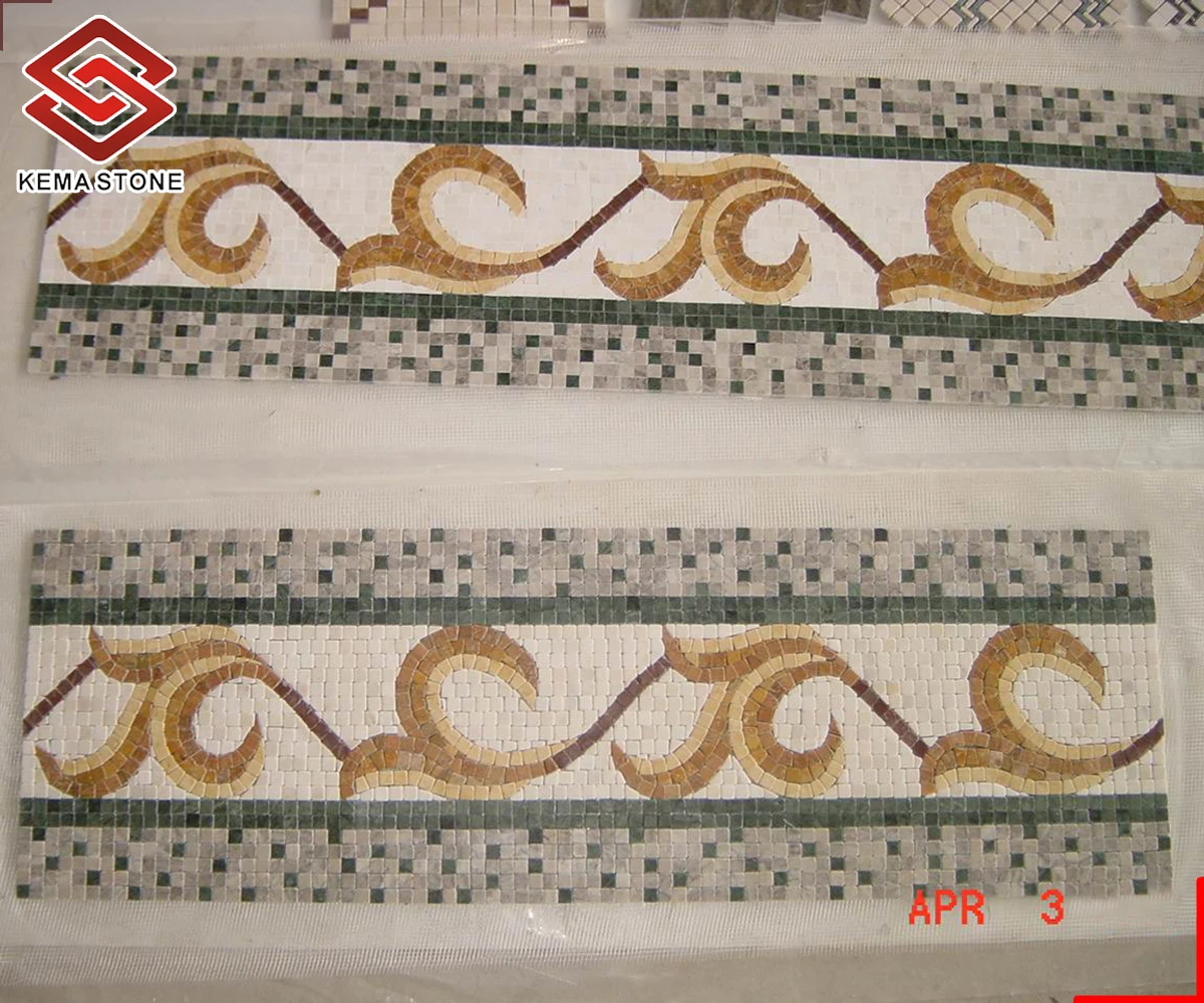 Mixed Colors Custom Designed Marble Mosaic Art Border Flower Pattern Line Tiles For Floor Wall Kitchen Pool Showers