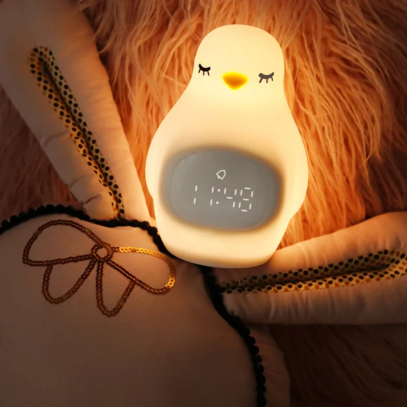 Cute LED Penguin Night Light Alarm Clock silicone Bedside Lamp with clock USB Rechargeable Sleeping Lamp for Girls Boy room