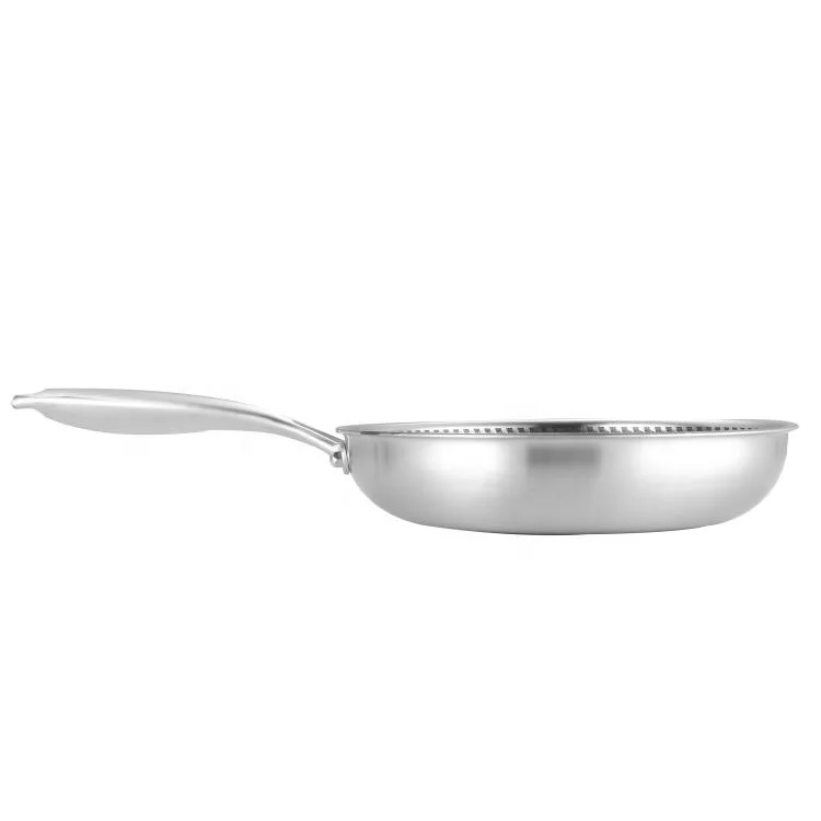 Chinese supplier 304 stainless steel smokeless 26 cm smooth slanted non stick frying pan with glass lid
