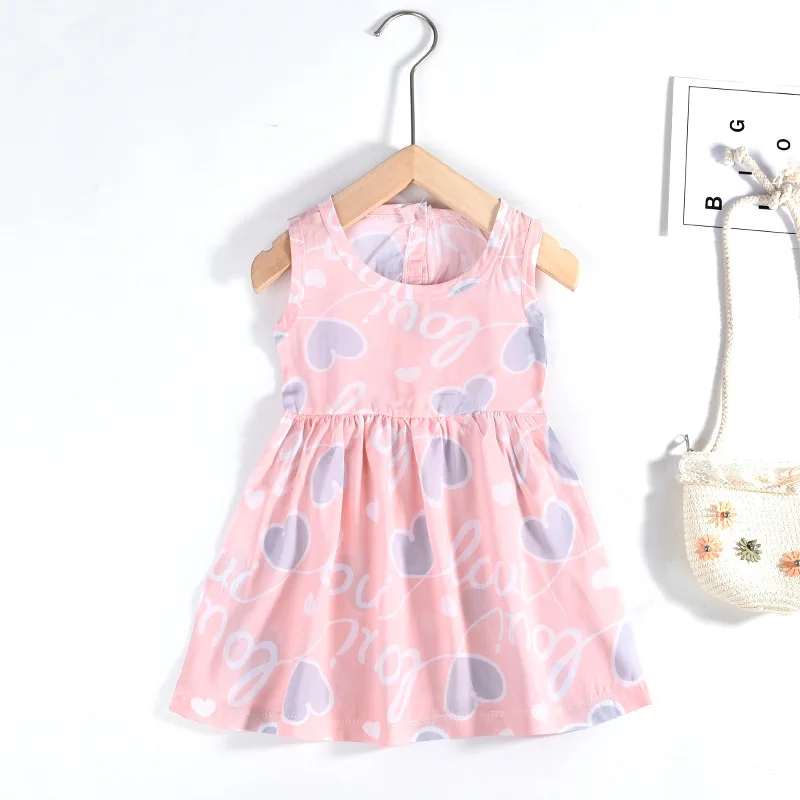Wholesale Summer Pink Love Printed Sleeveless Baby Girls Dress Soft O-Neck A-Line Toddler Baby Dresses 9-12 Months Custom