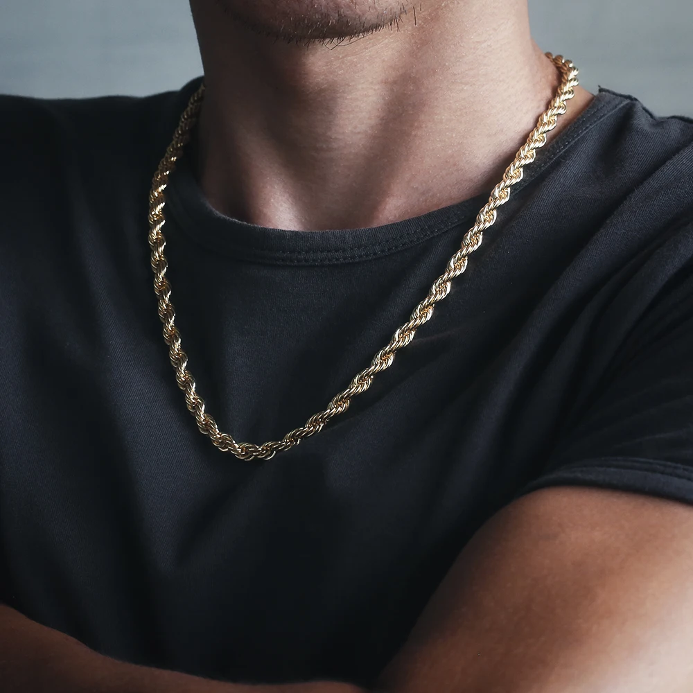 KRKC & CO 6 мм Твист толстое ожерелье хип-хоп Мужская позолоченная Алмазная 14K Золотая Веревка