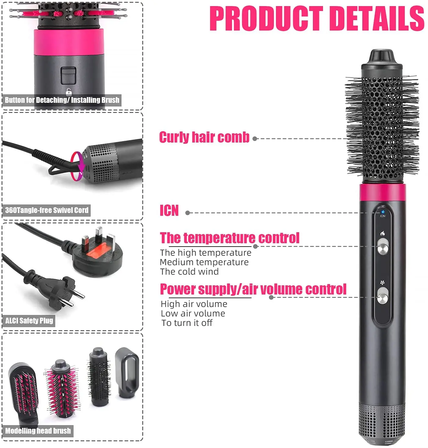 One Step 4 in 1 Hot Air Comb Hair Straightening Curling Brush Dryer Styling Interchangeable Hot Comb Air Blow Dry Brush