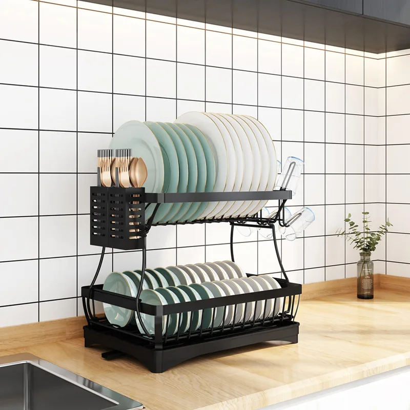 2 tier dish drying rack for kitchen counter metal dish drainers rack with drainboard large dish dryer with utensil holder
