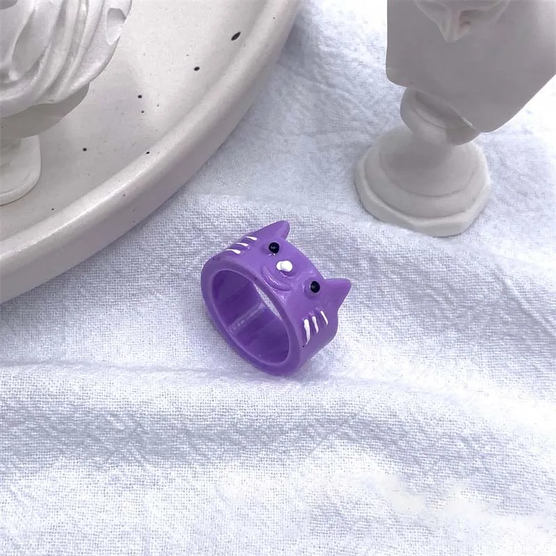 Cute Cats Kitten Resin Acrylic Ring Small Animal Cartoon Three-Dimensional Knuckle Ring Chunky Index Finger Joint Ring Women