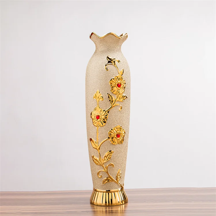 European Vase Decoration TV Cabinet Golden Flower Arrangement 60cm Floor Ceramic Vases
