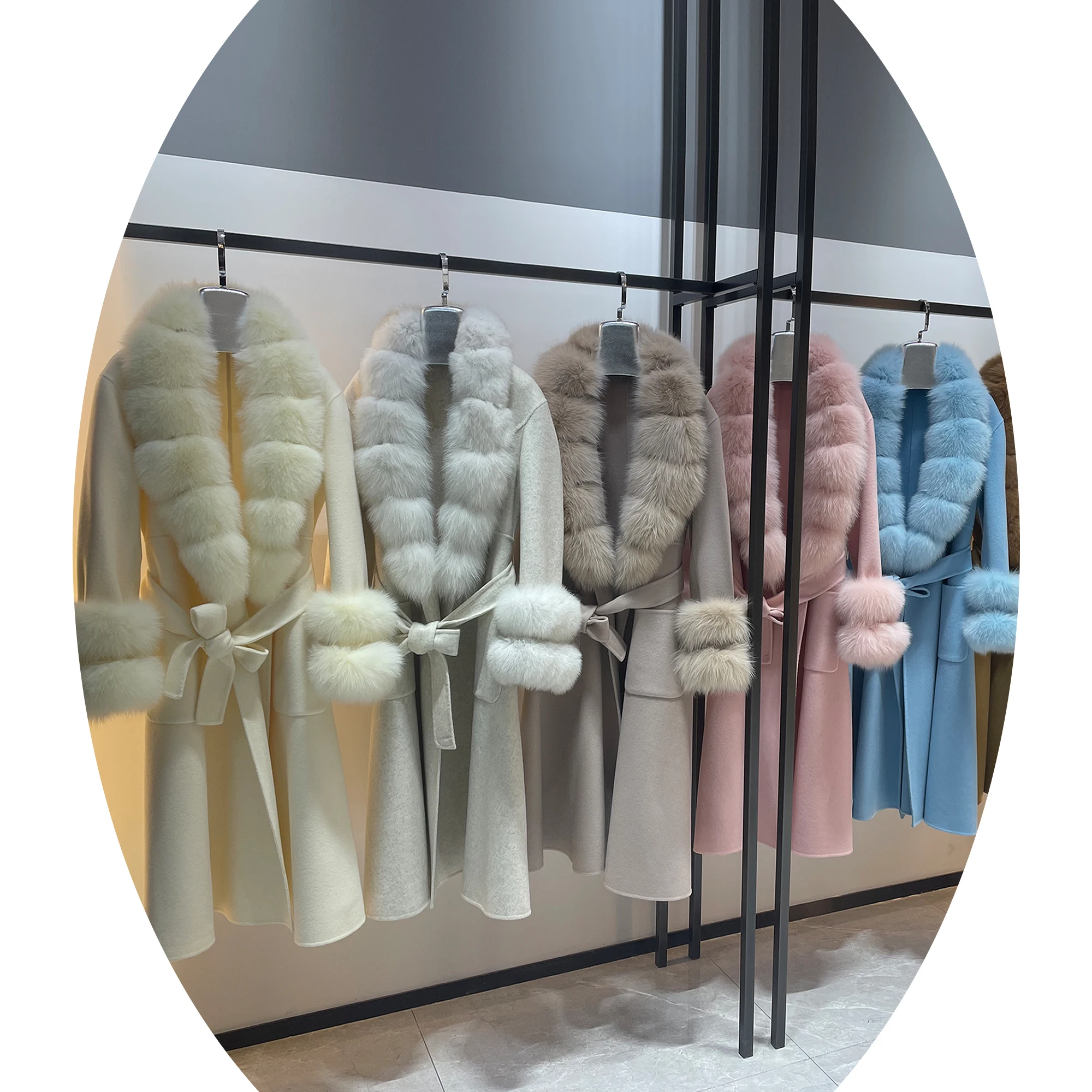 Janefur New Fashion Fox Fur Collar Long Cashmere Wool Coat With Double Fox Fur Sleeves Elegant Ladies Wool Fur Coat