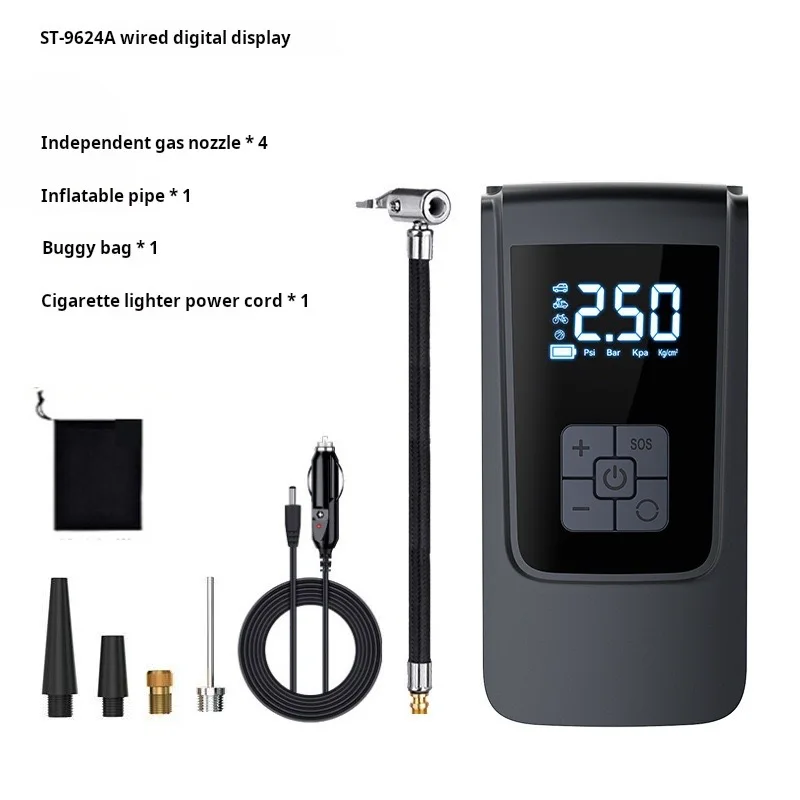 Portable Air Compressor Car Rechargeable Tire Inflator Pump LED Flash Screen With Nozzle Set for Car, Motor, Bike, Ball