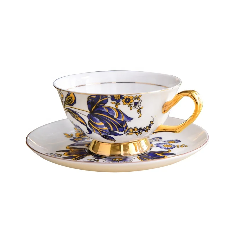 Elegant british floral ceramic tea cup and saucer for latte bone china coffee cups with dish