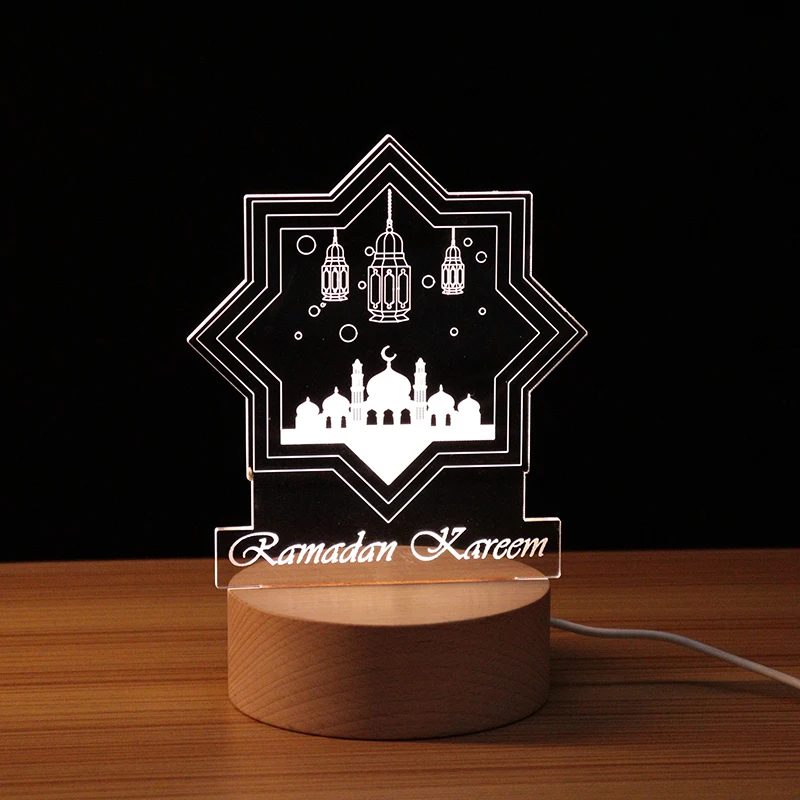 Creative Muslim Islam Religious Series With Natural Wood Base  Night Light  Room Decor 3D Acrylic Warm Color LED Gift Lamp