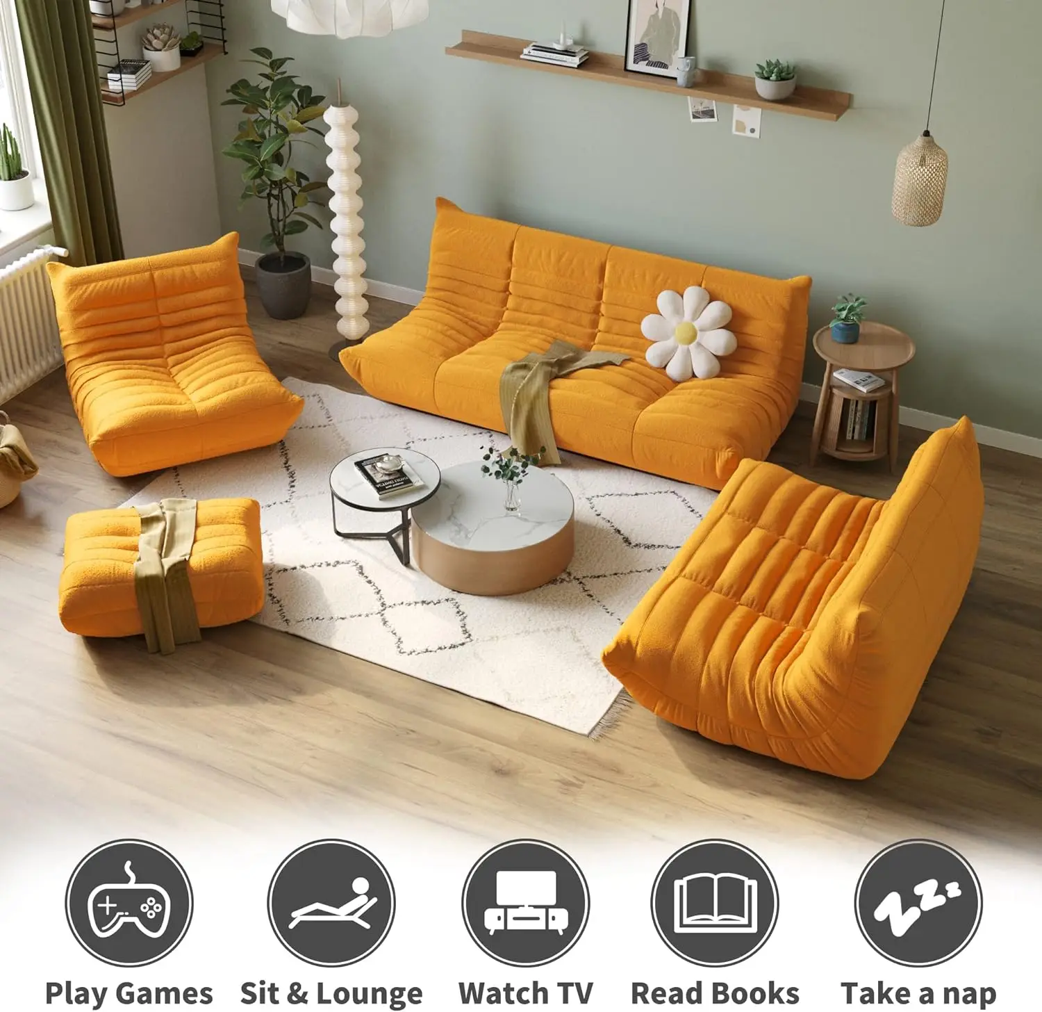 L Shape Modern Style Yellow Velvet Bean Bag Sofa Soft Lounge Accent Chair with Extendable Feature Lazy To Go Floor Sofa