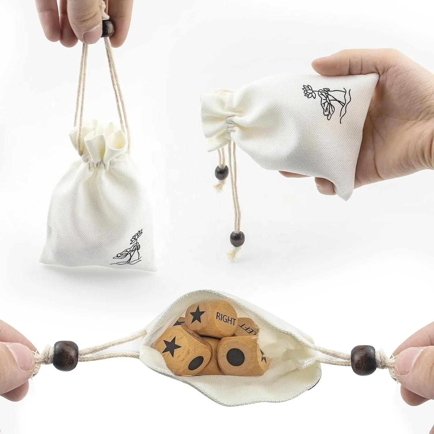 C02205 Customized Good Quality Natural Beech 1 inch 2.5cm wood Dices with Drawstring Bag Left Right Center Game