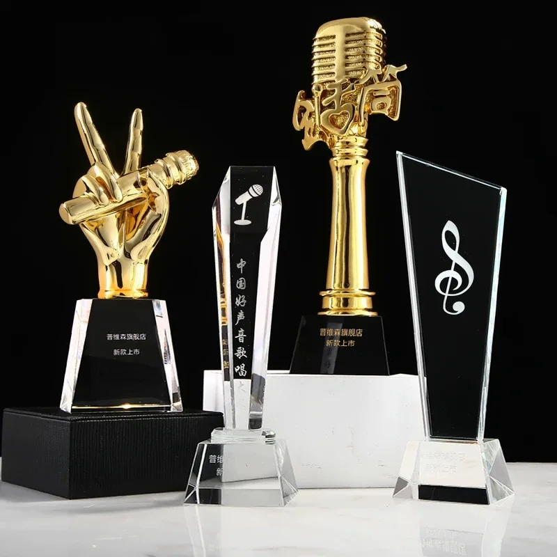 Hot Sale Metal Music Note Awards Crystal Singing Dacing Speech Guitar Microphone Violin Contest Trophy Customized