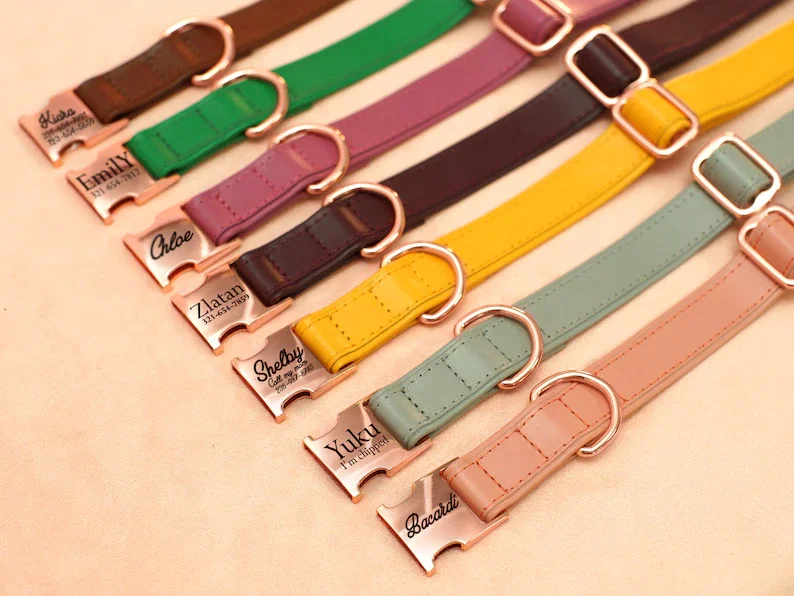 Custom colors personalized leather dog collar vegan luxury dog collar and leash set small large dog pet collars & leashes