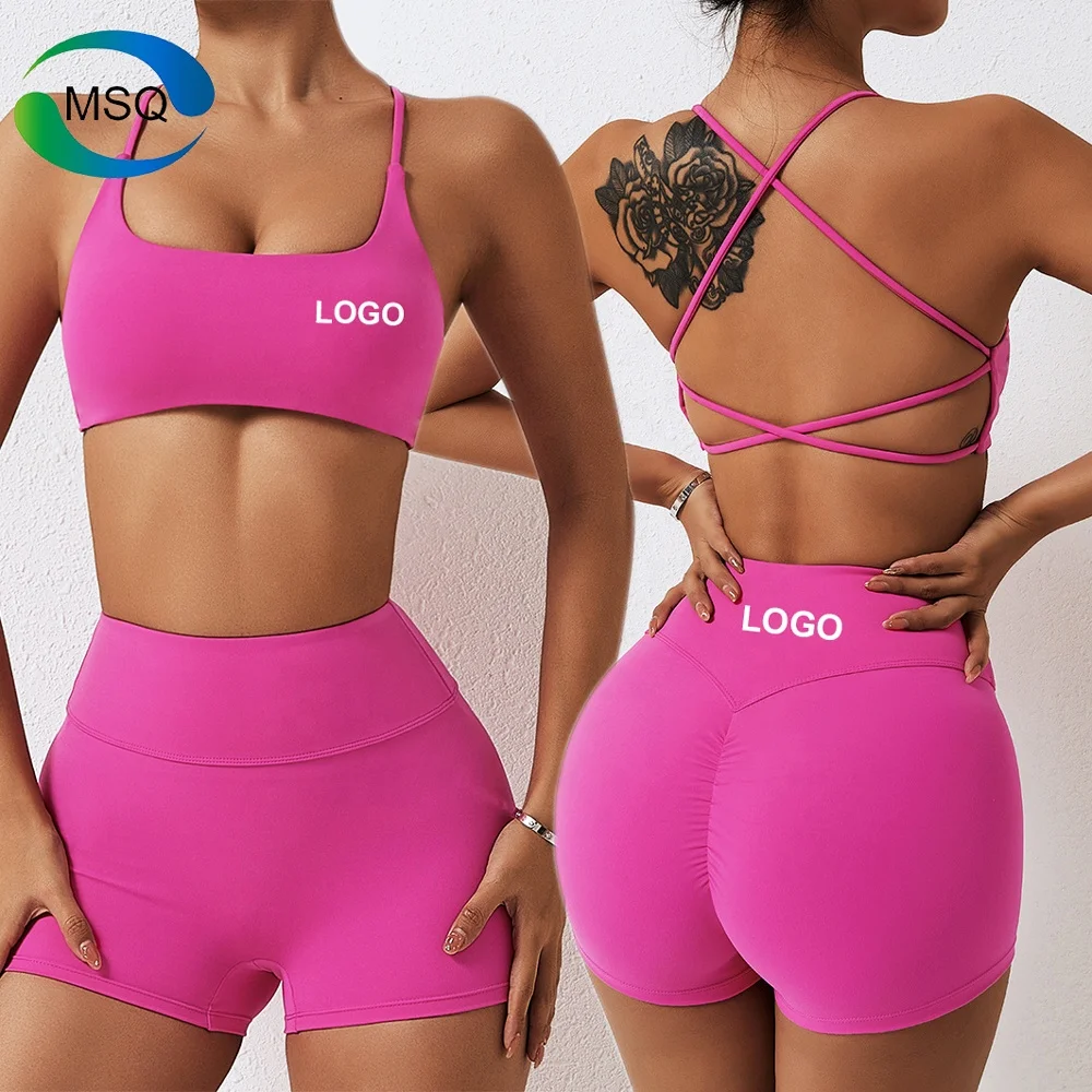2023 Custom Logo Yoga Outfit Training Wear Active 2 Piece Sets Push Up Sports Bra Shorts Leggings Women Sexy Gym Fitness Sets