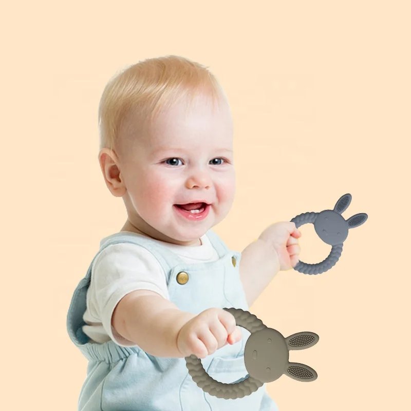 New Design OEM&ODM 0-24 months Buy Food Grade Infants Baby Chew Toys Rainbow Bunny Ring Silicone Teether Baby Teething