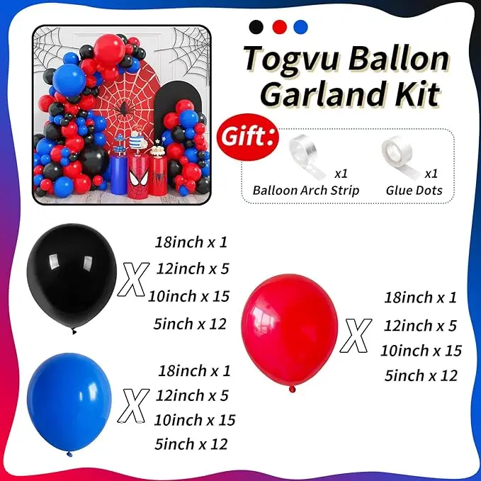 Red Blue Black Balloon Arch Garland Kit101 Pcs Matte Red Black and Royal Blue Latex Balloon for Super Spider Hero Party