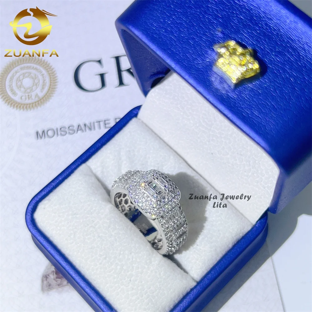 Bling fashion iced out wedding baguette vvs moissanite 925 sterling silver men diamond ring