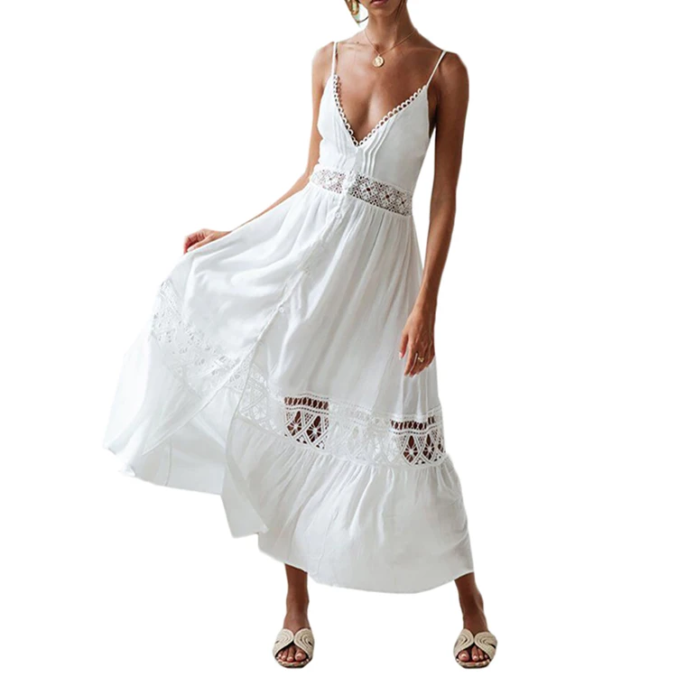 
Custom Women Summer Dress 100% Cotton Fashion Hollow Out Spaghetti Straps Midi Boho Beach Casual Dress 