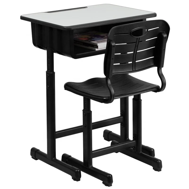 Black steel metal school furniture student adjustable height single seat classroom desks and chairs
