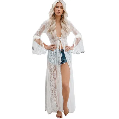 Производители одежды, длинные кружевные кимоно, сексуальное белое кружевное платье, женское пляжное платье с длинным рукавом