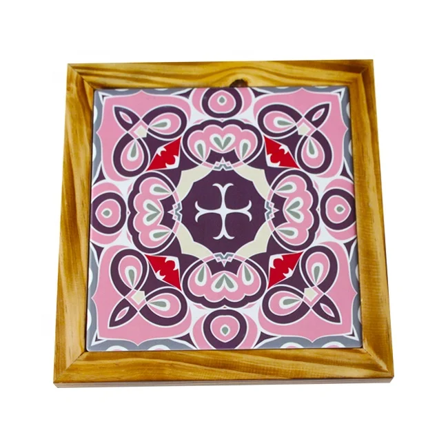 Round bamboo trivet with ceramic in the middle for Hot Dishes and Pans,Heat Pots, Decorative Kitchen Mat