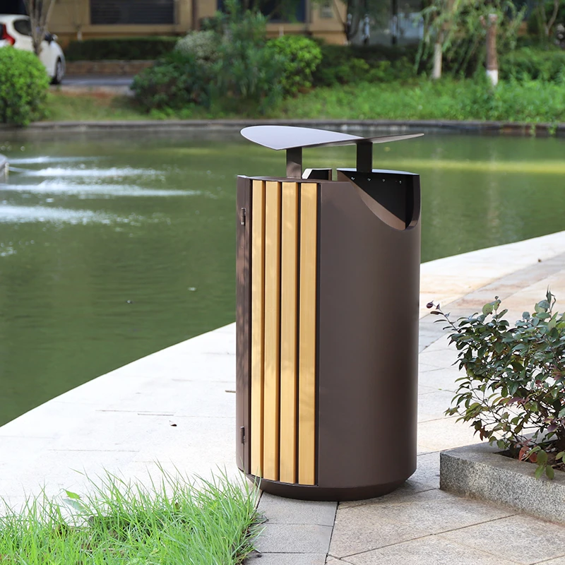 New ! Modern outdoor trash bin for park Streetscape round waste bins with 60L trash bin outdoor with PS wood commercial garbage