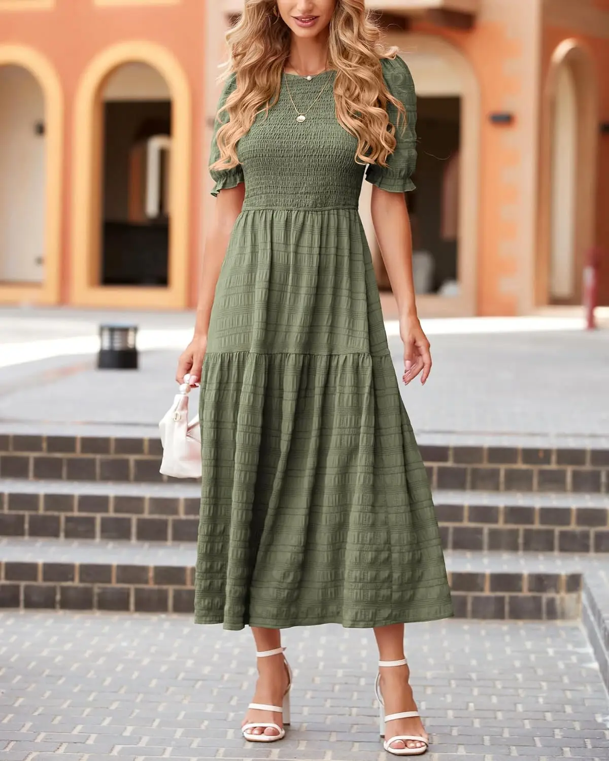 Casual Bubble Short Sleeve Midi Dress Round Neck Pleats Flowing Pleats Bohemian Beach Party Dress