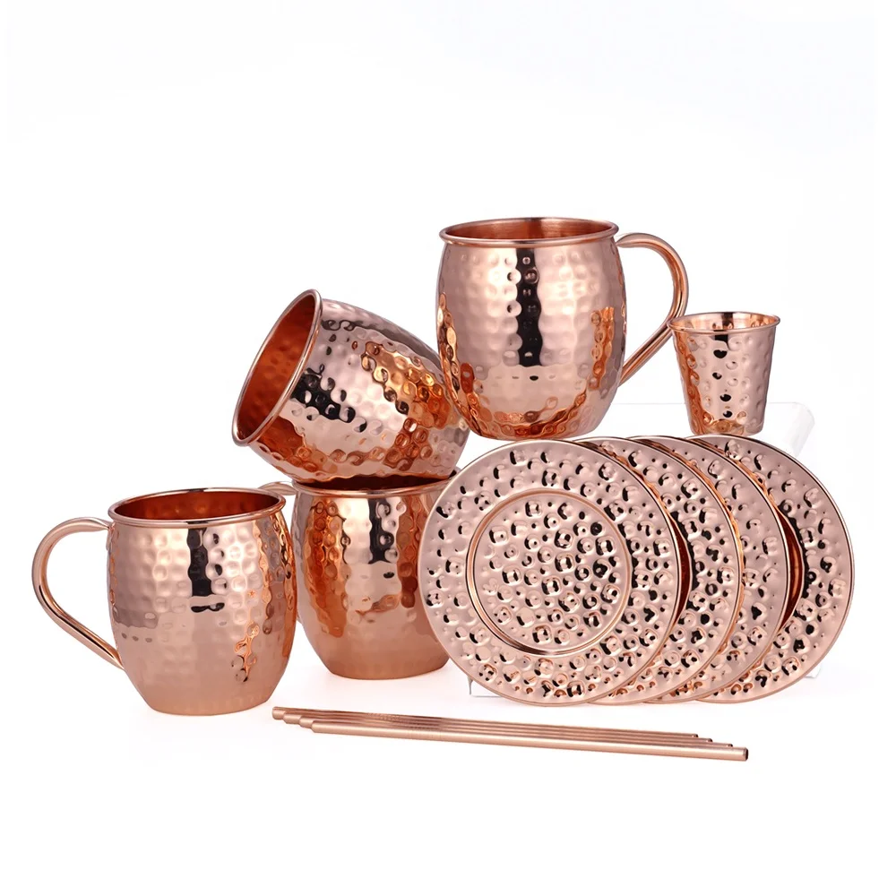 KLP 16 Ounce Hammered Copper Plated Stainless Steel Mug for Moscow Mules mugs Set