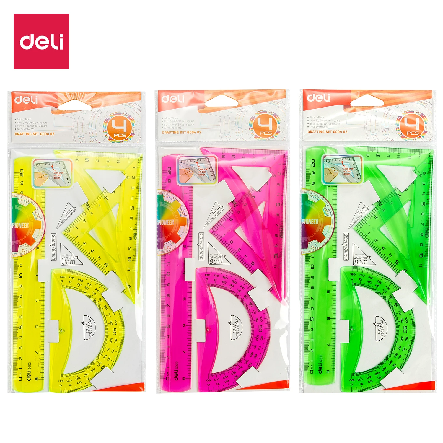 Reliable EG00402 Transparent color plastic four-piece ruler triangular ruler 20cm ruler protractor student drawing exam triangle