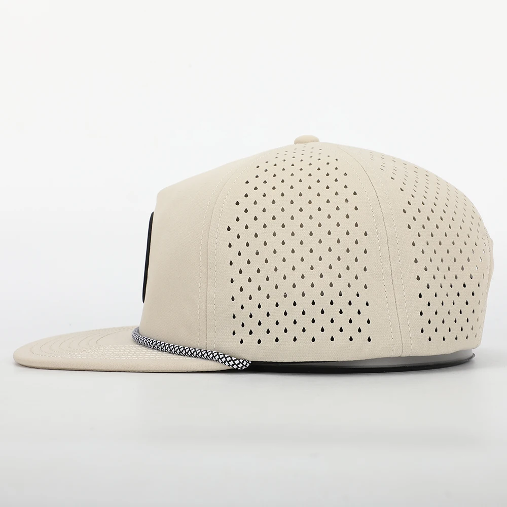 BSCI Oem Custom Logo 5 Panel Nylon Rope Snapback Cap,Flat Bill Unstructured Gorras,Waterproof Laser Cut Hole Perforated Hat