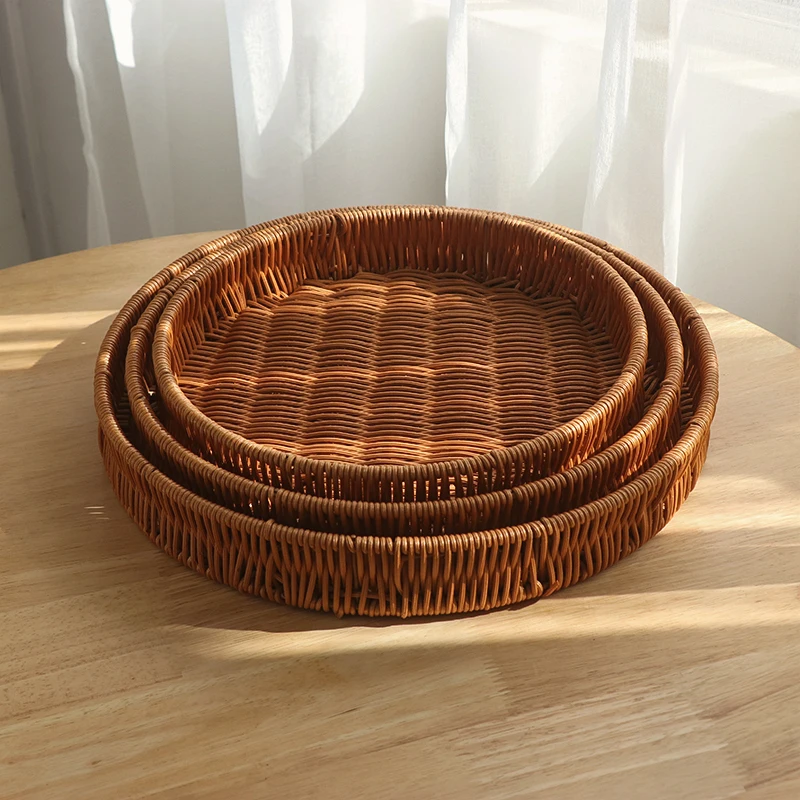 Hot Sale Direct Supplier Household Round Rattan Tray Bread Fruit Hand Storage Wicker Woven Plastic Tray Basket for Food