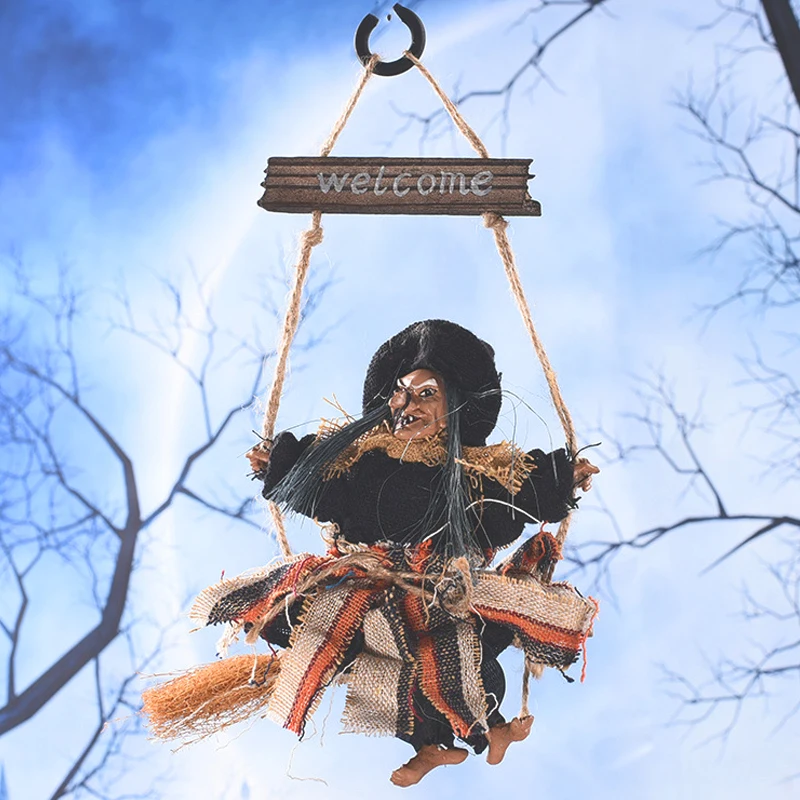 Hot Sale Halloween Pendant Ornaments Ghost Doll Horror Scary Hanging Decoration Flying Witch Broom