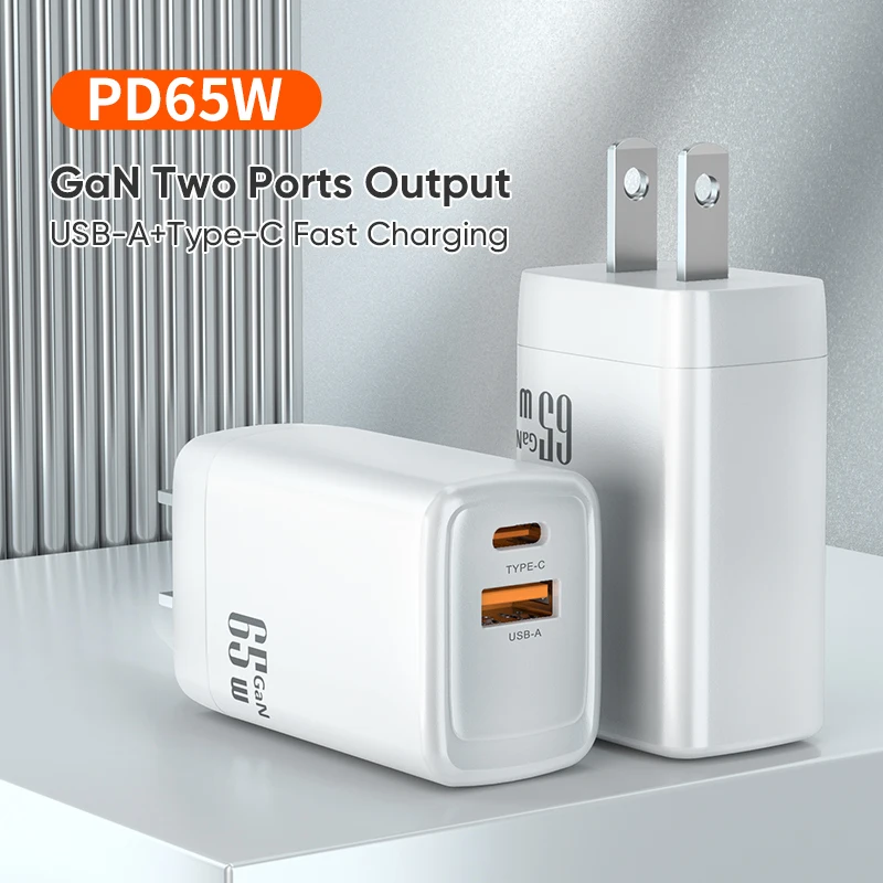 High power fast charging GaN two port output USB Type c mobile phones wall charger adapter GaN chip PD65W charger